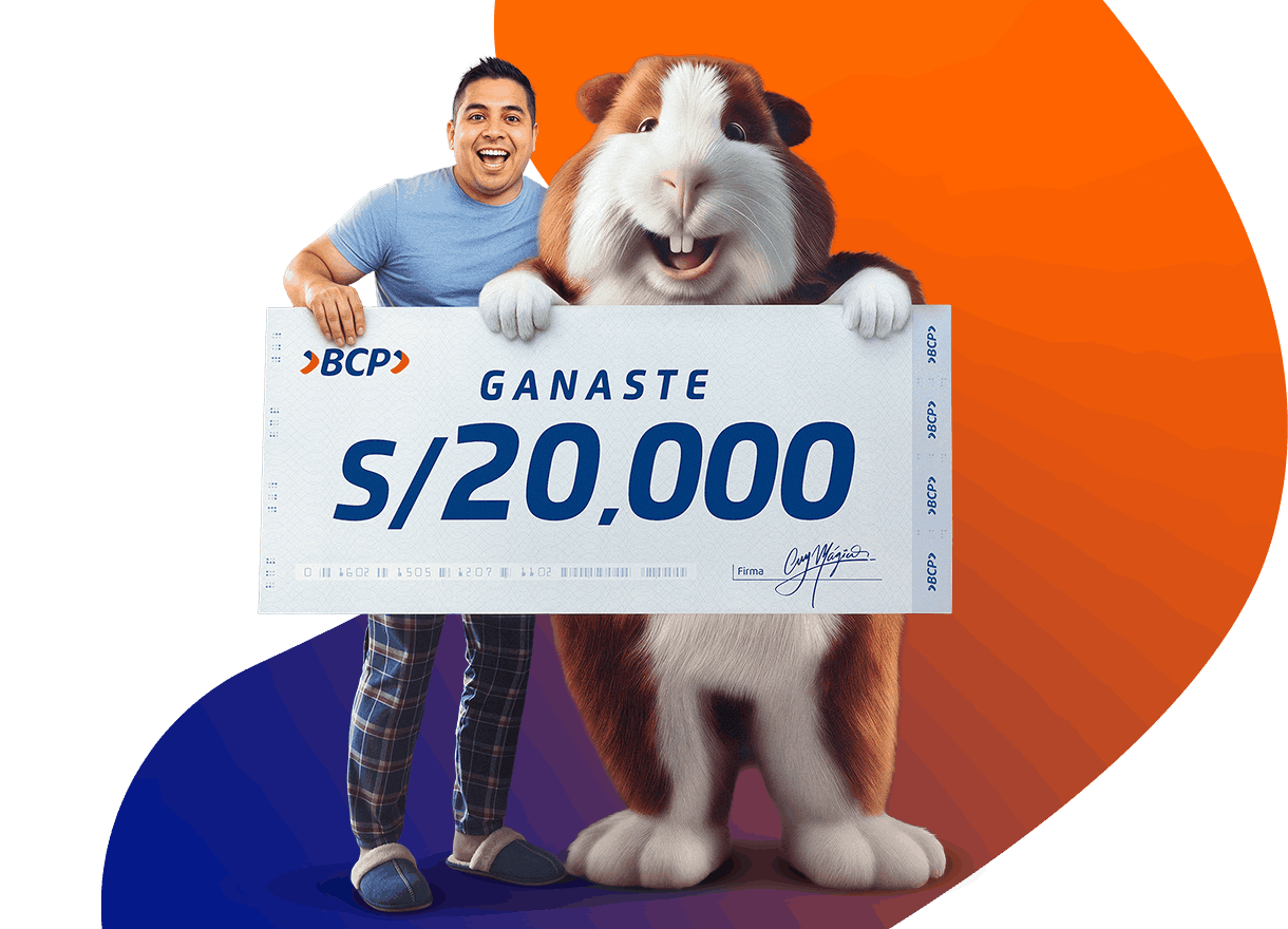 Imagen original de la campaña BCP con un cliente y una mascota sosteniendo un premio de S/ 20,000